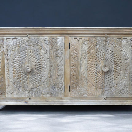 Artisan 6ft wide hand carved rustic natural wood sideboard cabinet