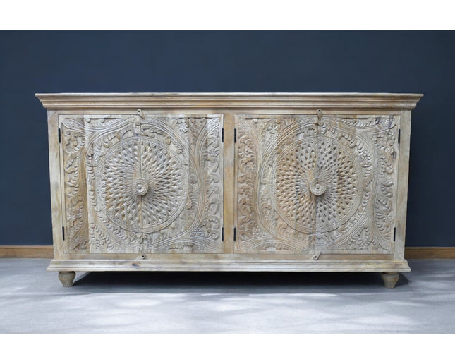 Artisan 6ft wide hand carved rustic natural wood sideboard cabinet