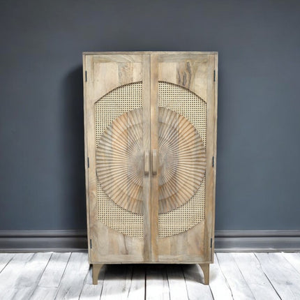 Tall natural wood & rattan 'circles' shelved storage cupboard