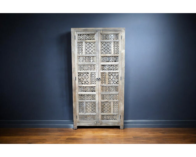 190cm tall ornate carved mango wood shelved cupboard