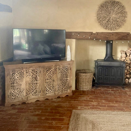 Large rustic natural wood artisan carved storage cabinet