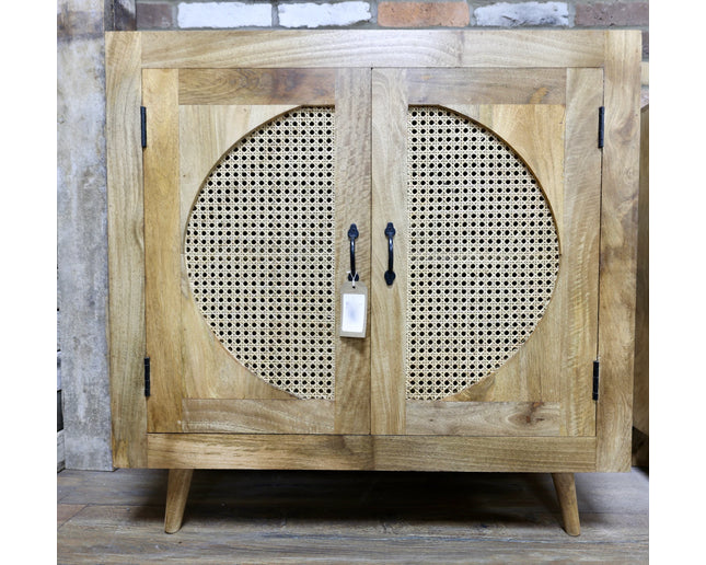 Rustic wood & rattan circle cabinet