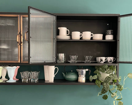 Black metal industrial wide wall storage cabinet with ribbed glass double doors - Back in stock Jan 25