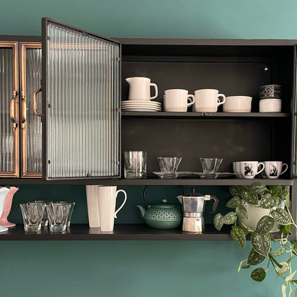 Black metal  wide wall storage cabinet with ribbed glass double doors