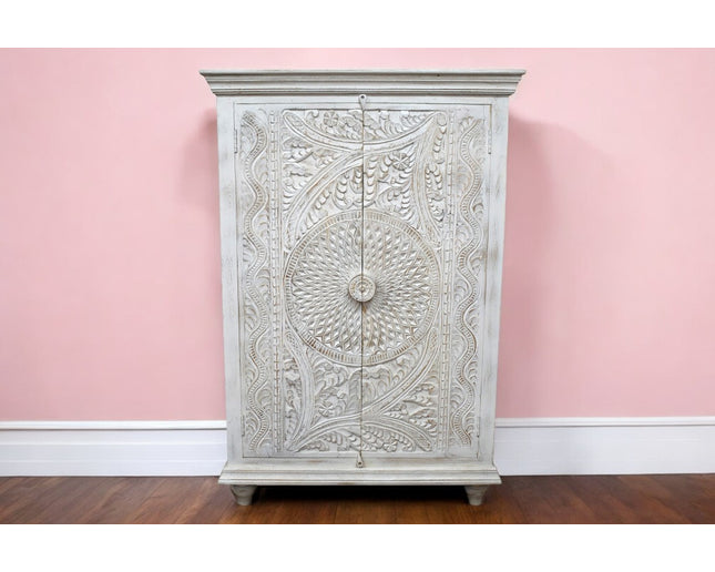 Tall white ornate carved wood shelved armoire storage cupboard - Back in stock Sept