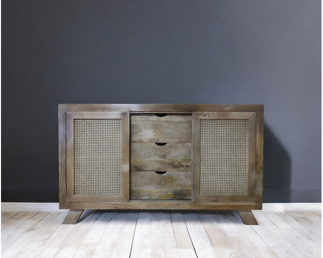 Acacia wood & rattan 3 drawer sideboard cabinet