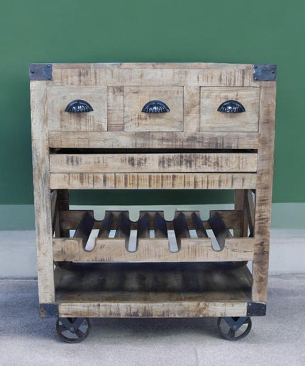 Rustic wood wine cabinet on wheels