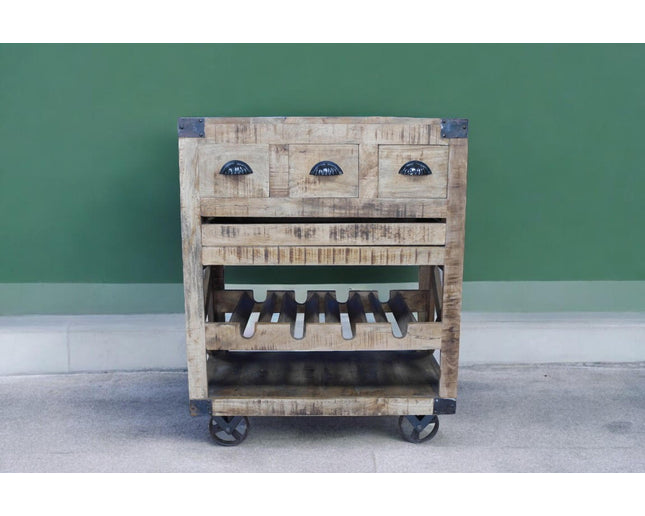 Rustic wood wine cabinet on wheels