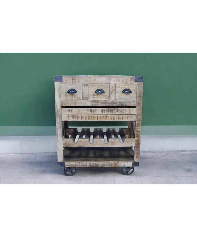 Rustic wood wine cabinet on wheels