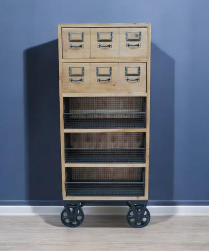 Rustic wood storage cabinet on iron wheels