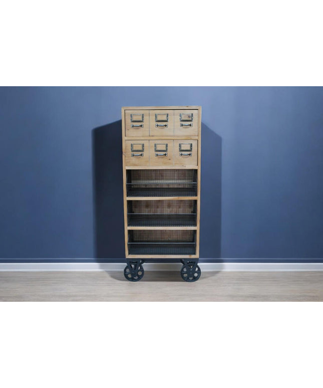 Rustic wood storage cabinet on iron wheels