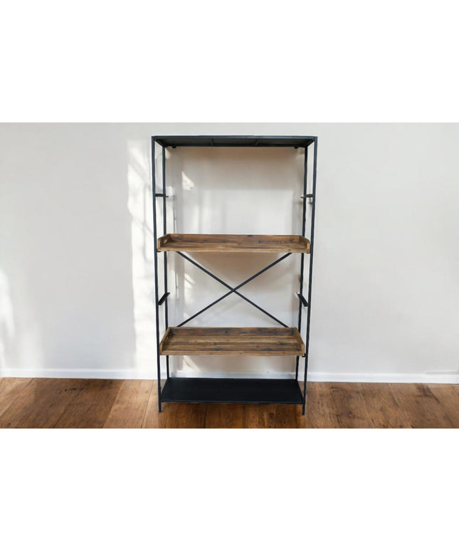 Tall wide black iron & rustic wood display shelf cabinet