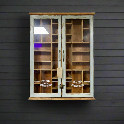 Rustic wood & glass collectors wall display cabinet