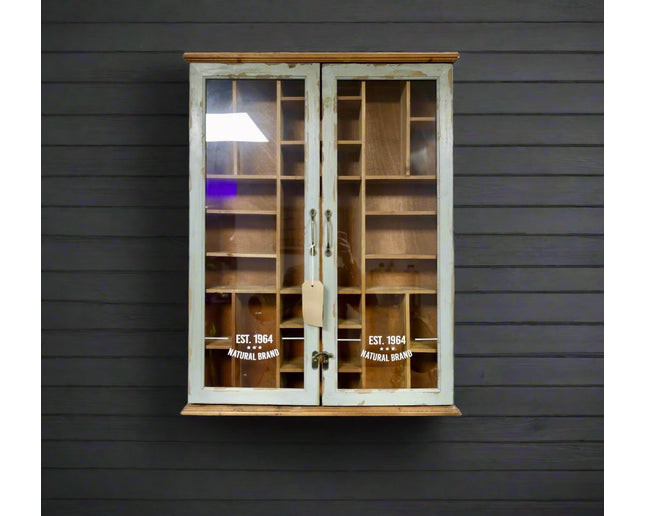 Rustic wood & glass collectors wall display cabinet