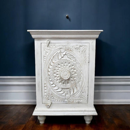 White carved wood ornate side cabinet