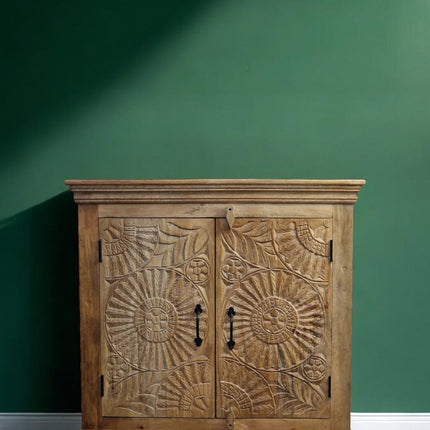 Natural wood ornate carved 2 door cupboard