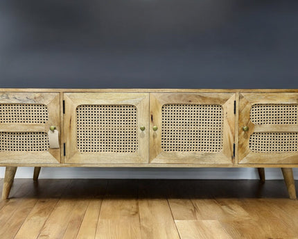 Rustic wood & rattan 4 door wide Tv cabinet - Back in stock November