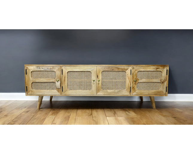 Rustic wood & rattan 4 door wide Tv cabinet - Back in stock November