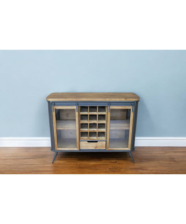 Glass fronted rustic wood & metal drinks sideboard cabinet