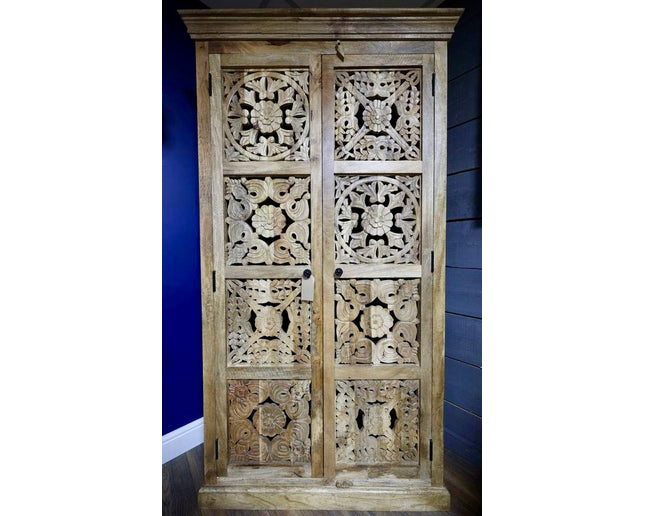 6ft tall ornate carved natural wood shelved storage cupboard