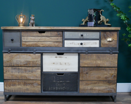 Rustic wood multi compartment storage sideboard cabinet.