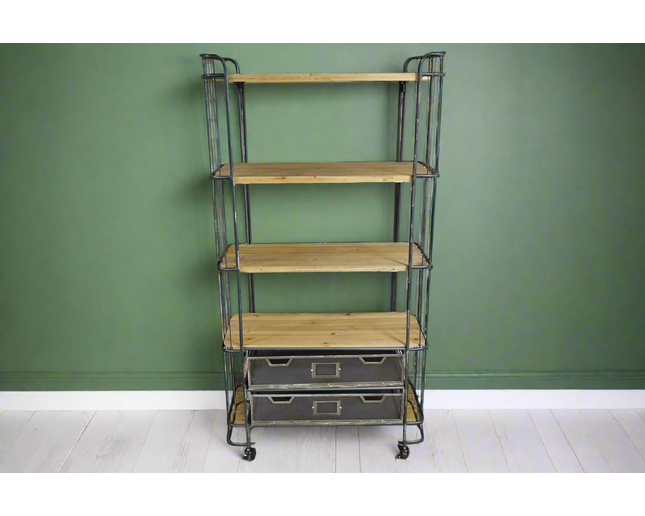 Tall Metal caged & reclaimed wood baker shelves storage cabinet.