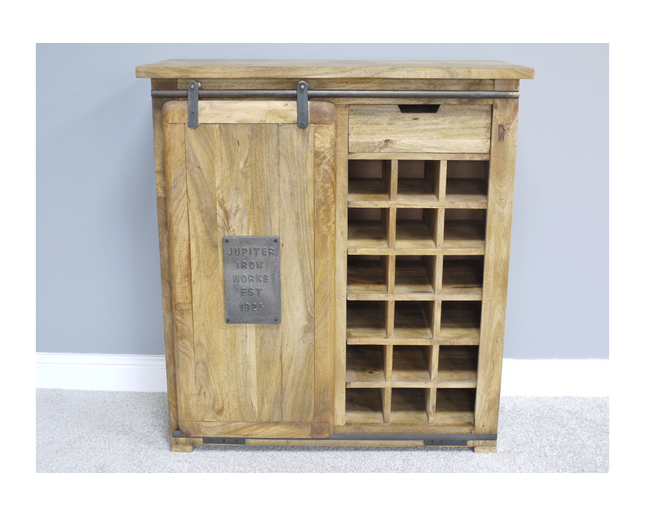 Industrial iron & wood wine storage cabinet.