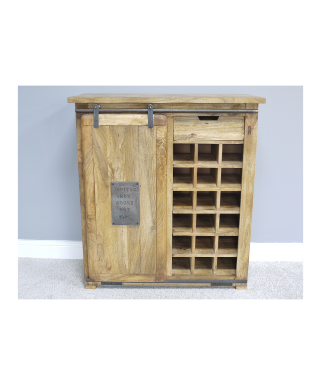 Industrial iron & wood wine storage cabinet.