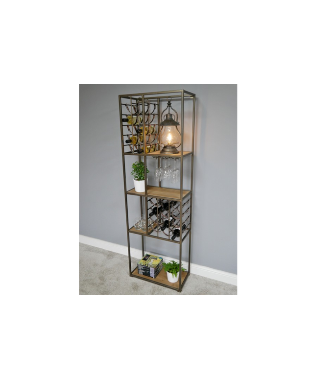 Tall slim metal multi compartment wine rack with shelving.