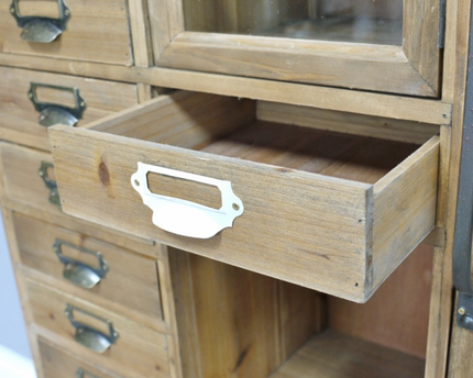 Tall slim rustic wood multi drawer storage display cabinet - Back in stock November