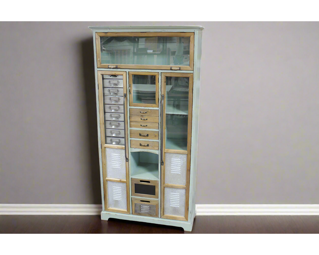 Tall green wood & metal multi drawer industrial storage cabinet.