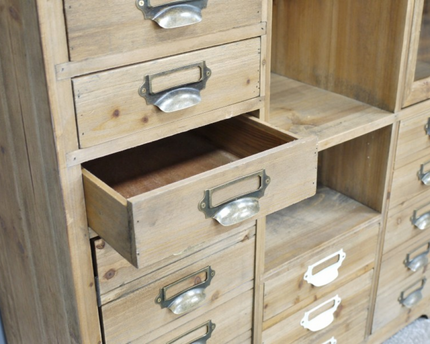 Tall slim rustic wood multi drawer storage display cabinet - Back in stock November