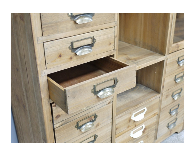 Tall slim rustic wood multi drawer storage display cabinet - Back in stock November