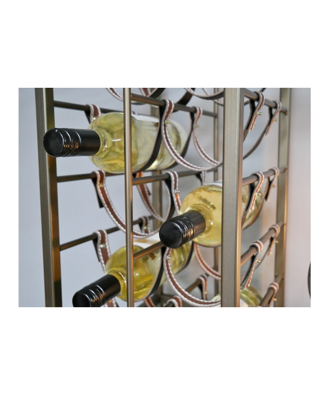 Tall slim metal multi compartment wine rack with shelving.