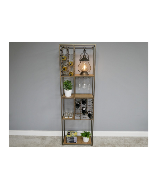 Tall slim metal multi compartment wine rack with shelving.