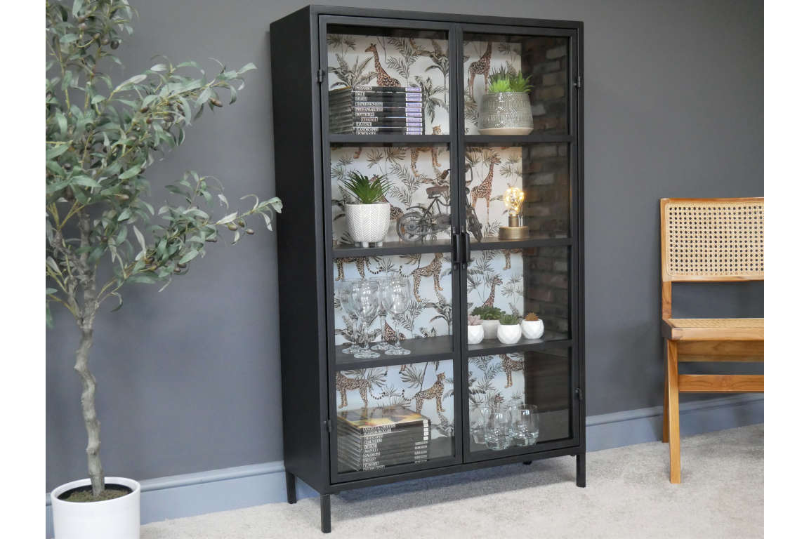 Large black metal & glass fronted industrial retro display cabinet ...