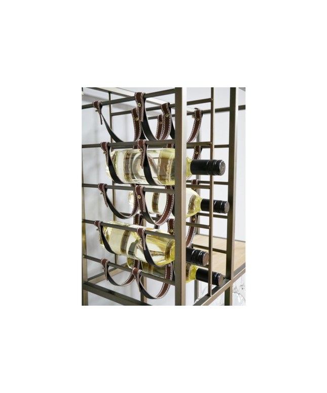 Tall slim metal multi compartment wine rack with shelving.