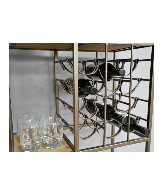 Tall slim metal multi compartment wine rack with shelving.