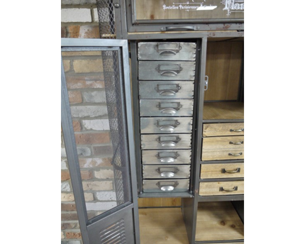 Tall slim metal & wood multi drawer Industrial retro storage display cabinet