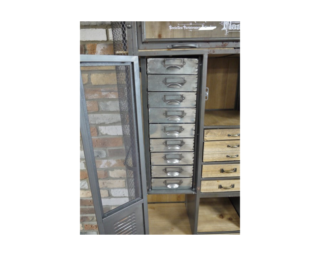 Tall slim metal & wood multi drawer Industrial retro storage display cabinet