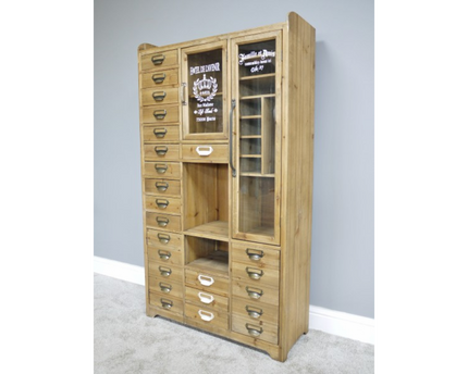 Industrial vintage storage display cabinet.