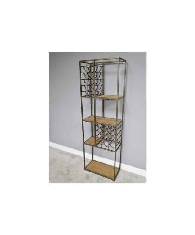 Tall slim metal multi compartment wine rack with shelving.