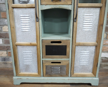 Tall green wood & metal multi drawer industrial storage cabinet