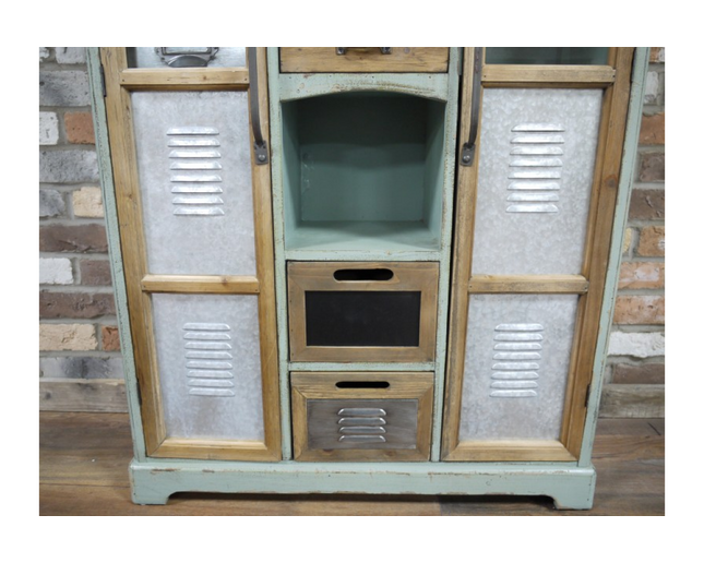 Tall green wood & metal multi drawer industrial storage cabinet