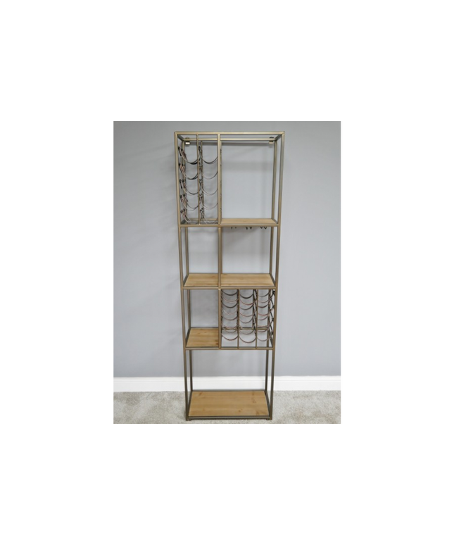 Tall slim metal multi compartment wine rack with shelving.