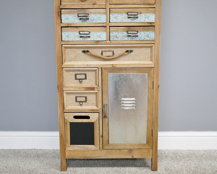 Tall slim wooden multi drawer storage cabinet