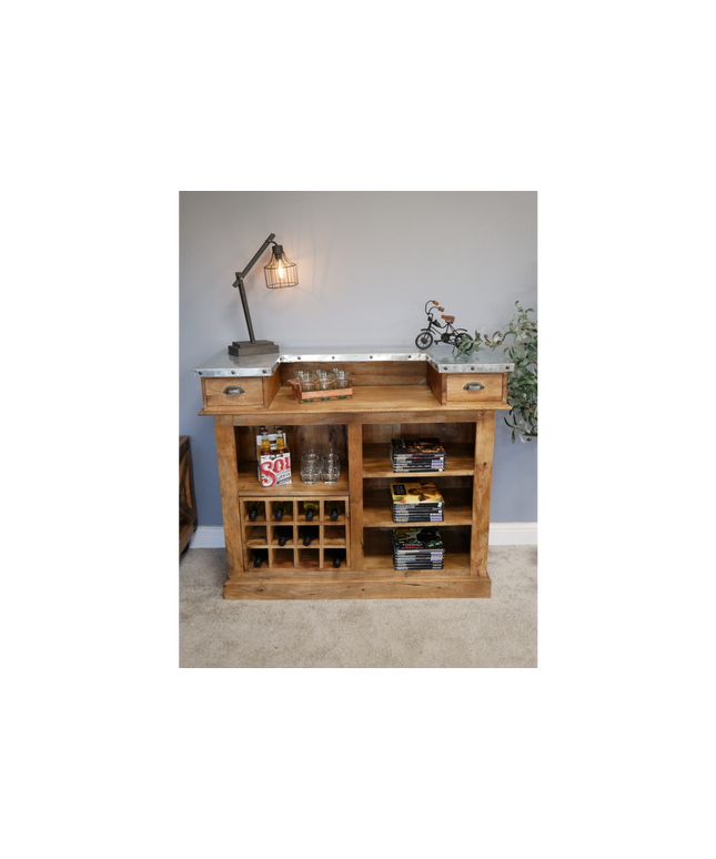 Large solid wood bar counter-cabinet with wine bottle storage.