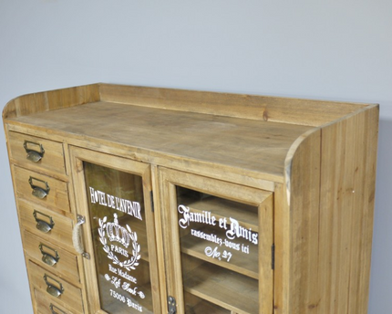 Tall slim rustic wood multi drawer storage display cabinet - Back in stock November