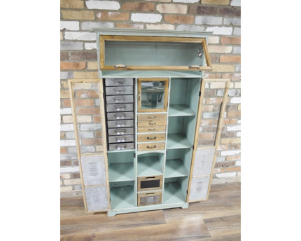 Tall green wood & metal multi drawer industrial storage cabinet