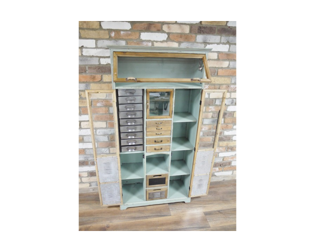 Tall green wood & metal multi drawer industrial storage cabinet